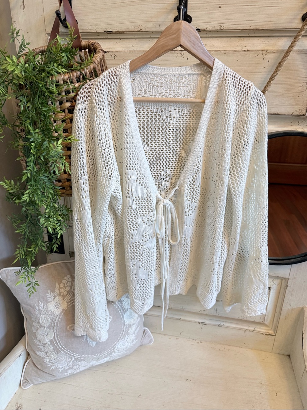 Lightweight Cream Open-Knit Tie-Front Sweater